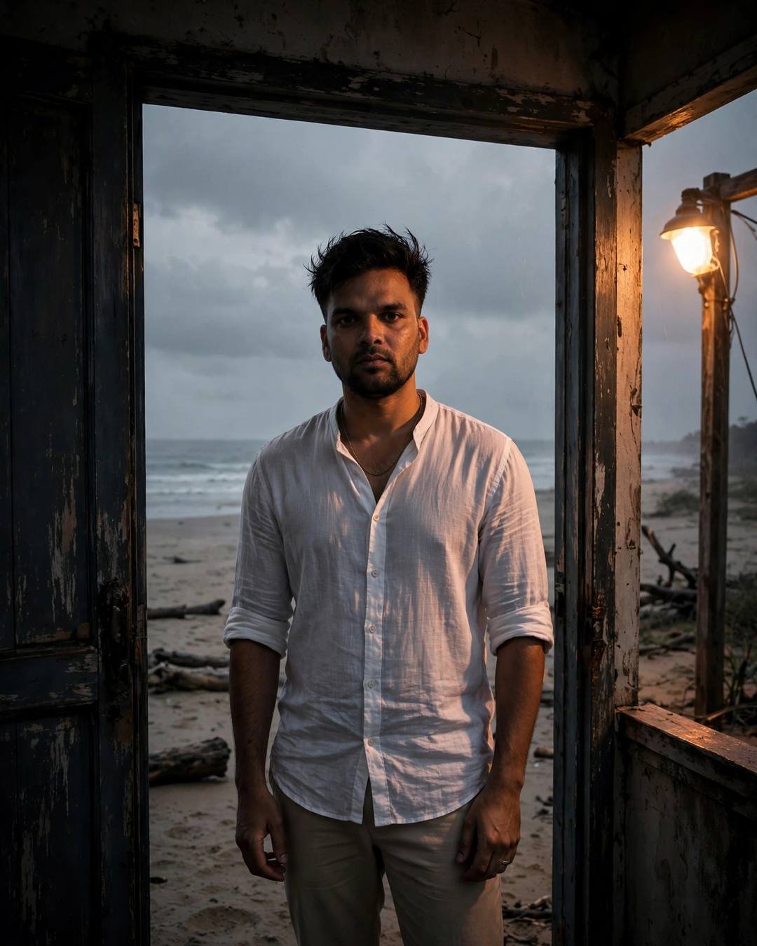Man in white linen shirt standing in a beachside doorway with overcast sea behind