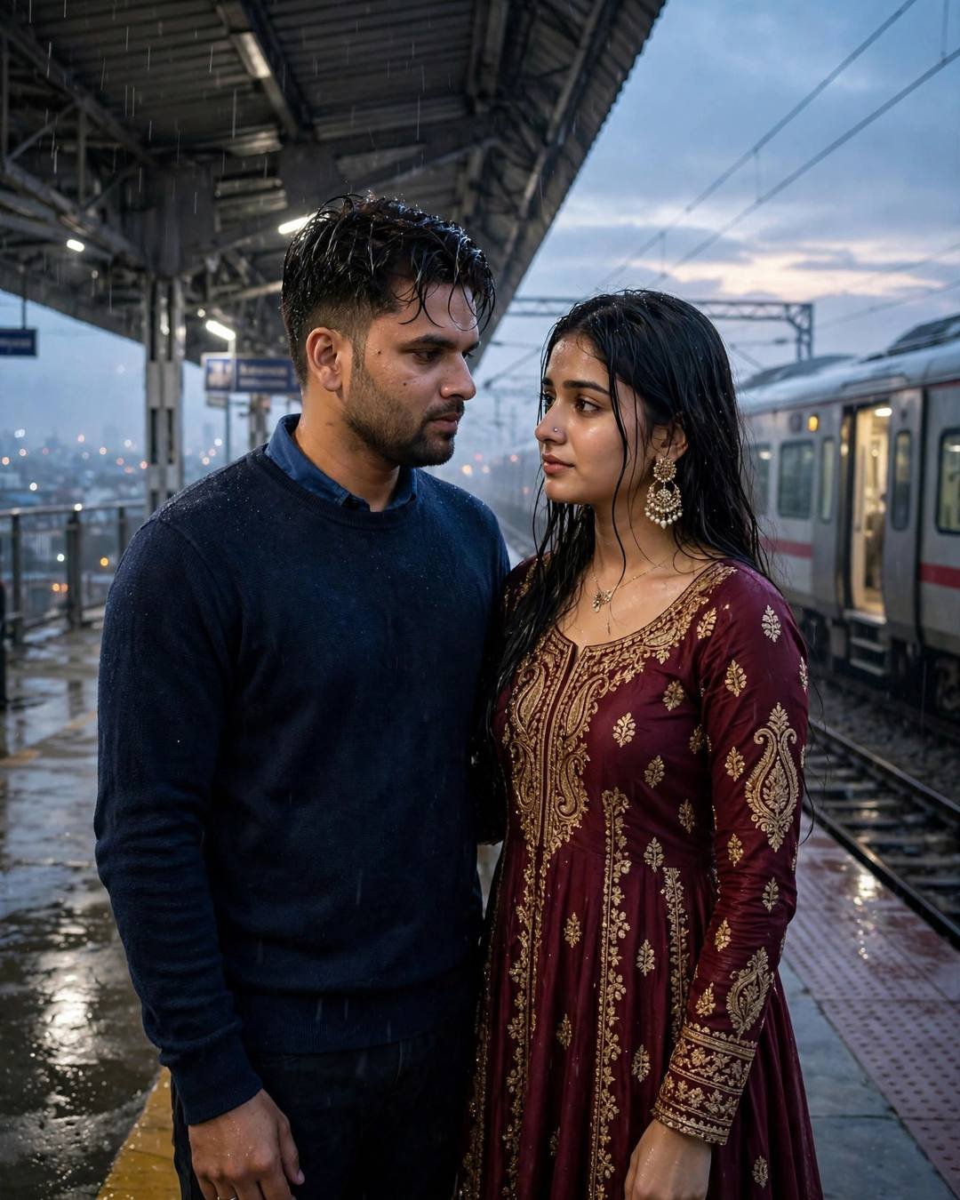 Couple sharing a last hug on a rainy railway platform, train waiting, man in navy sweater, woman in maroon anarkali with jhumkas