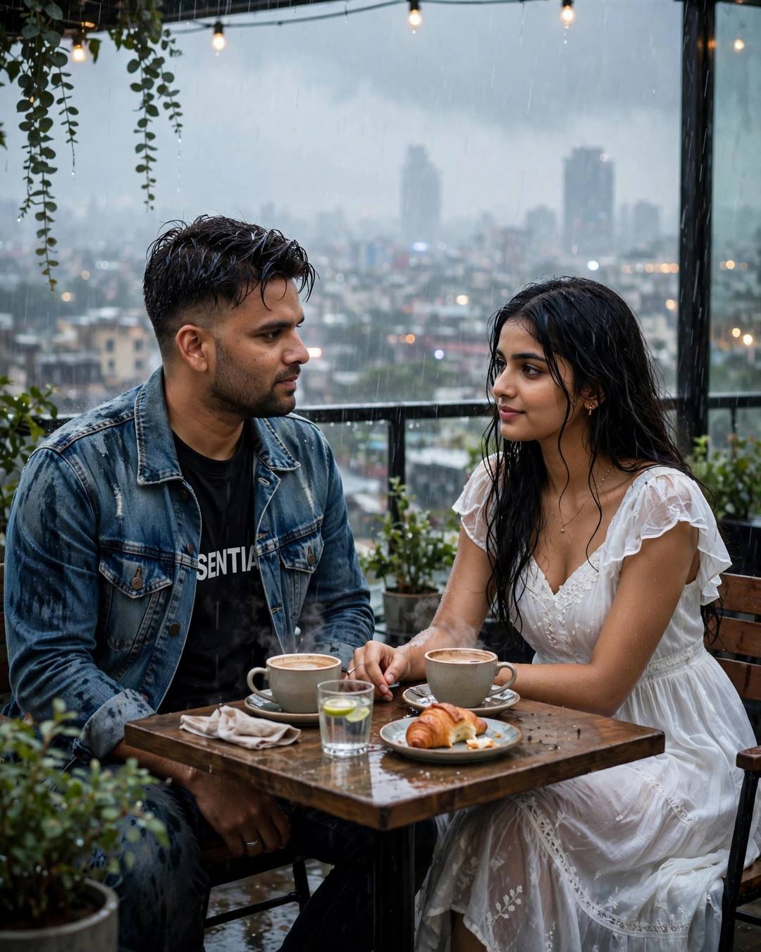 Couple across a small cafe table in heavy rain, man in denim jacket, woman in white dress, city lights behind