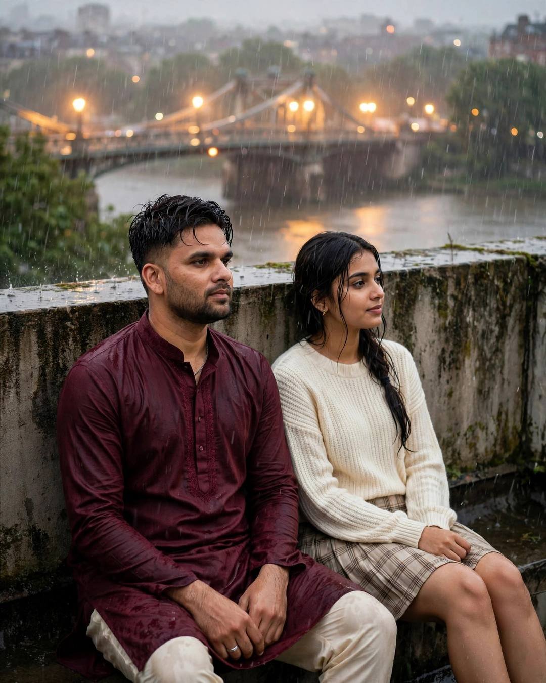Couple sitting by a bridge over a slow river in heavy rain, man in maroon kurta, woman in cream knit top and plaid skirt