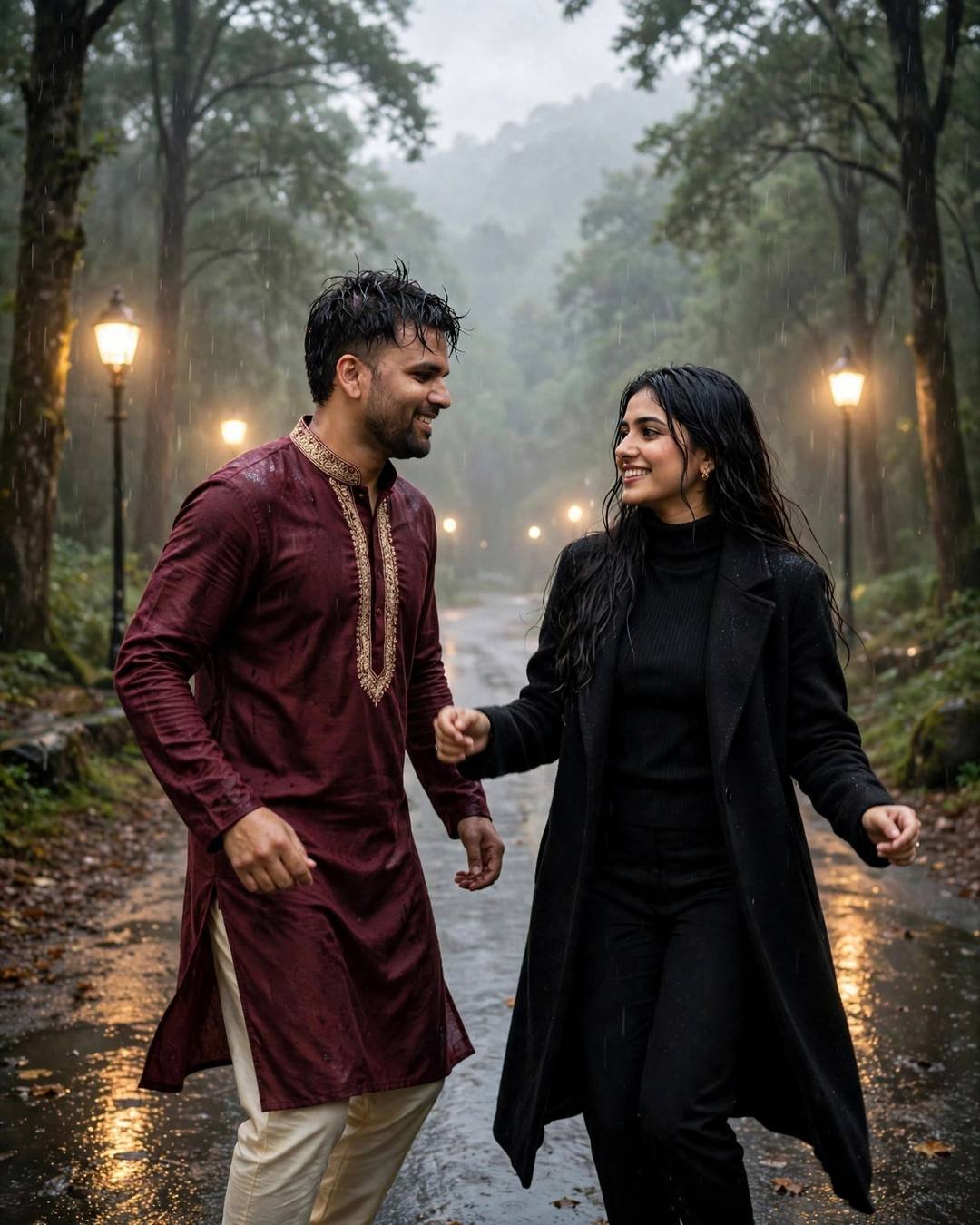 Couple slow dancing on a rainy forest path, maroon kurta and black coat, streetlamps glowing in mist