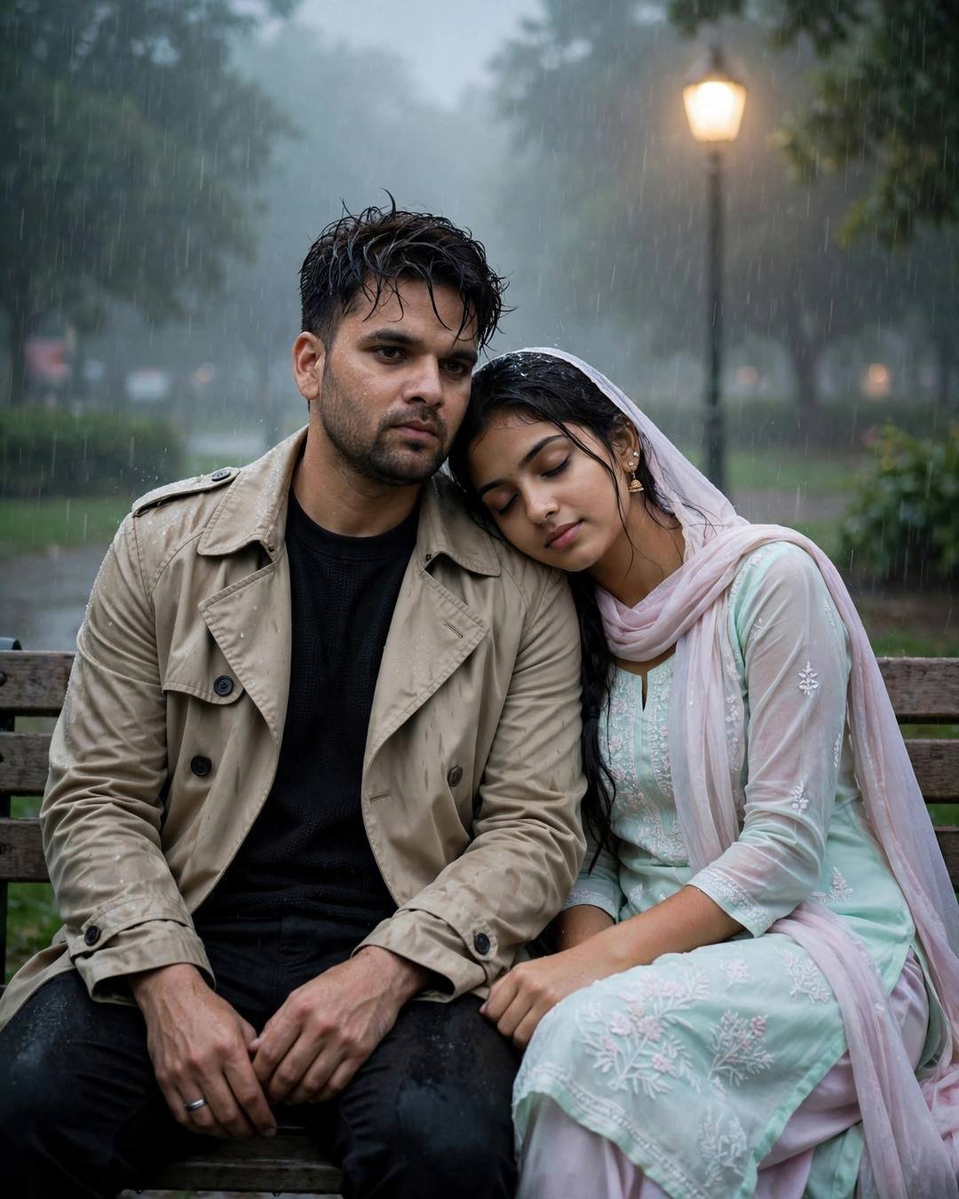 Couple on a park bench in heavy rain, her head on his shoulder, beige trench coat and pastel salwar-kameez, lone lamp