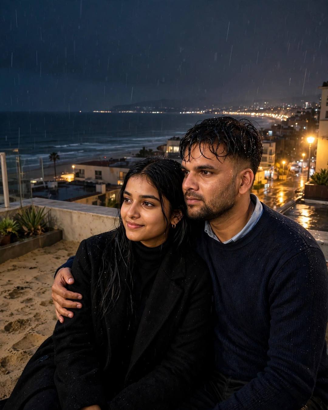 Couple on a midnight rooftop overlooking city lights, his arm around her, navy sweater and black coat, rain-wet streets