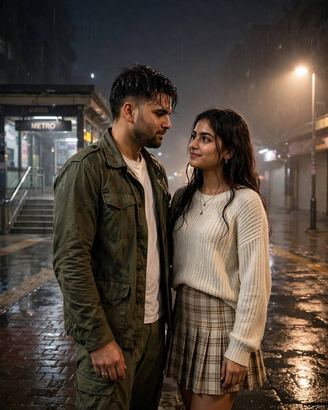 Couple meeting outside a foggy metro station at midnight, olive field jacket and cream knit with plaid skirt, dramatic side light