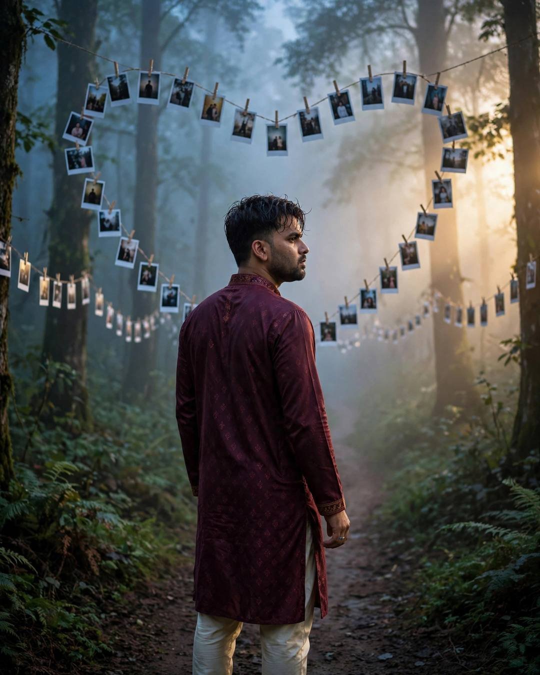 Man in maroon kurta walking away down a misty forest path, polaroid photos strung in a heart shape overhead