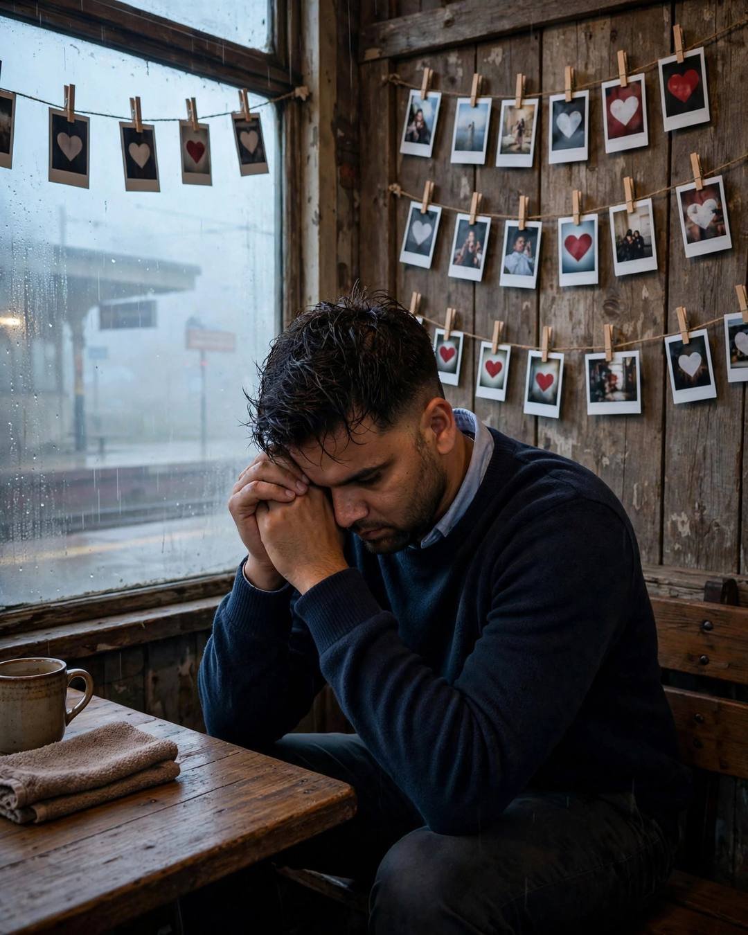 Man in navy sweater with head in hands at an old cafe table, fogged windows, a faded movie stub on the table