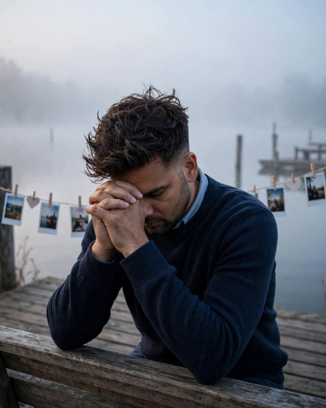 Man in navy sweater with head in hands on a foggy lake pier at dawn, pale light on still water