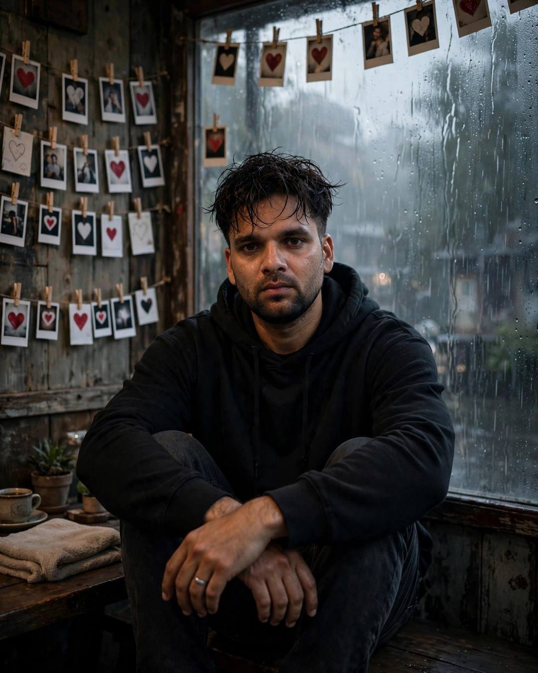Man in black hoodie sitting with knees drawn up in a rainy cafe, wall of polaroid hearts behind, rain-streaked window