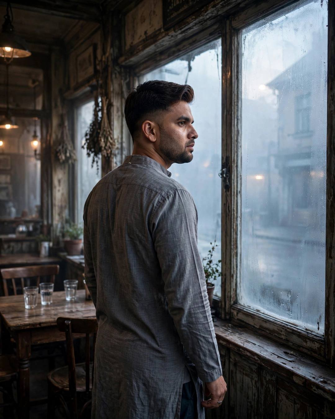 Man in grey kurta looking over his shoulder at a fogged cafe window at dawn