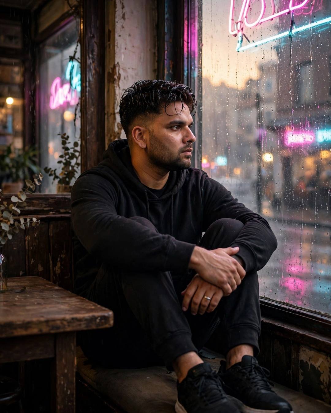 Man in black hoodie curled at a neon-lit cafe window in the rain