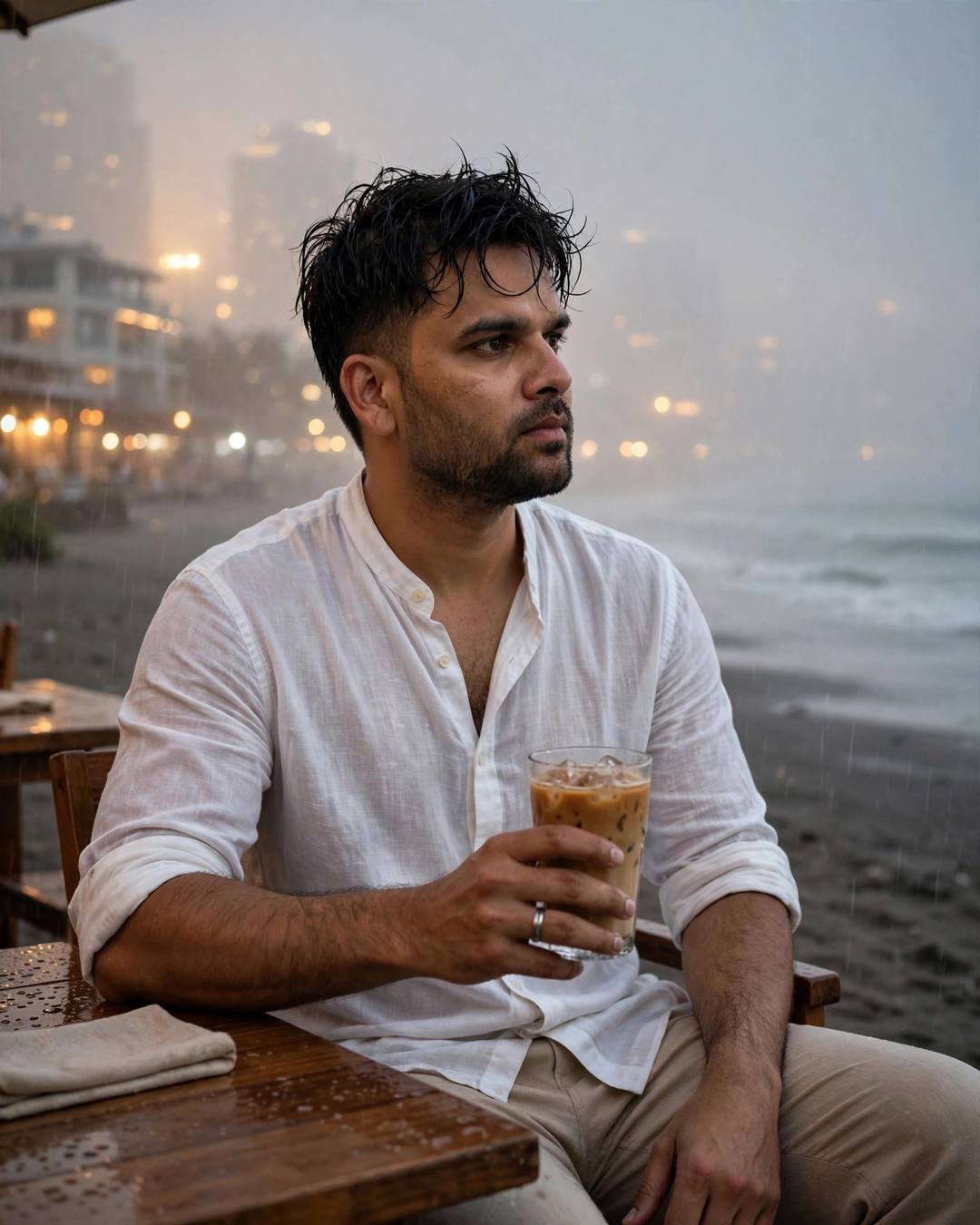 Man in white linen shirt at a rainy beach cafe table with cold coffee, reflection doubled in the window, dusk