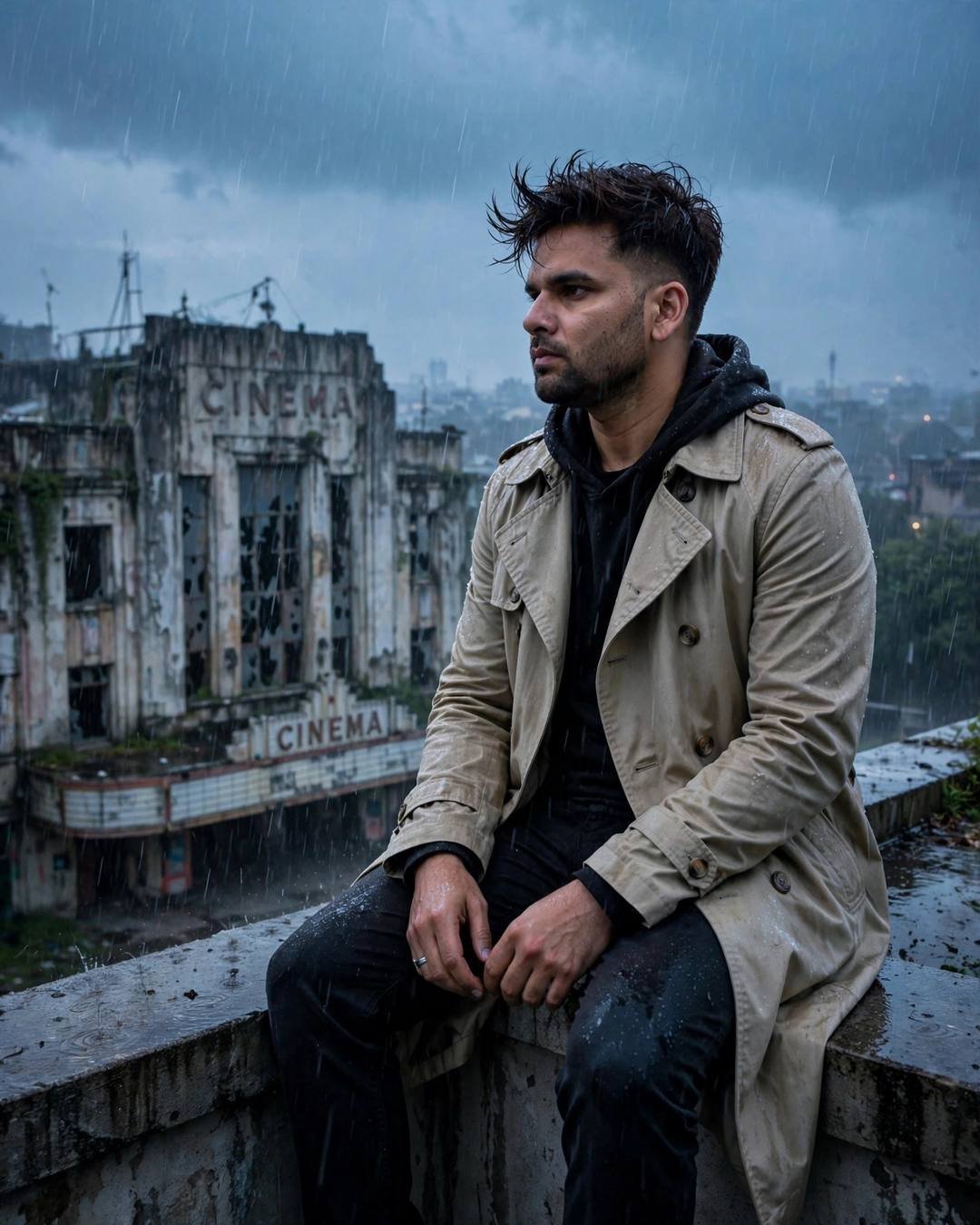 Man in beige trench coat sitting on a rainy rooftop ledge, abandoned cinema behind, blue-hour storm light
