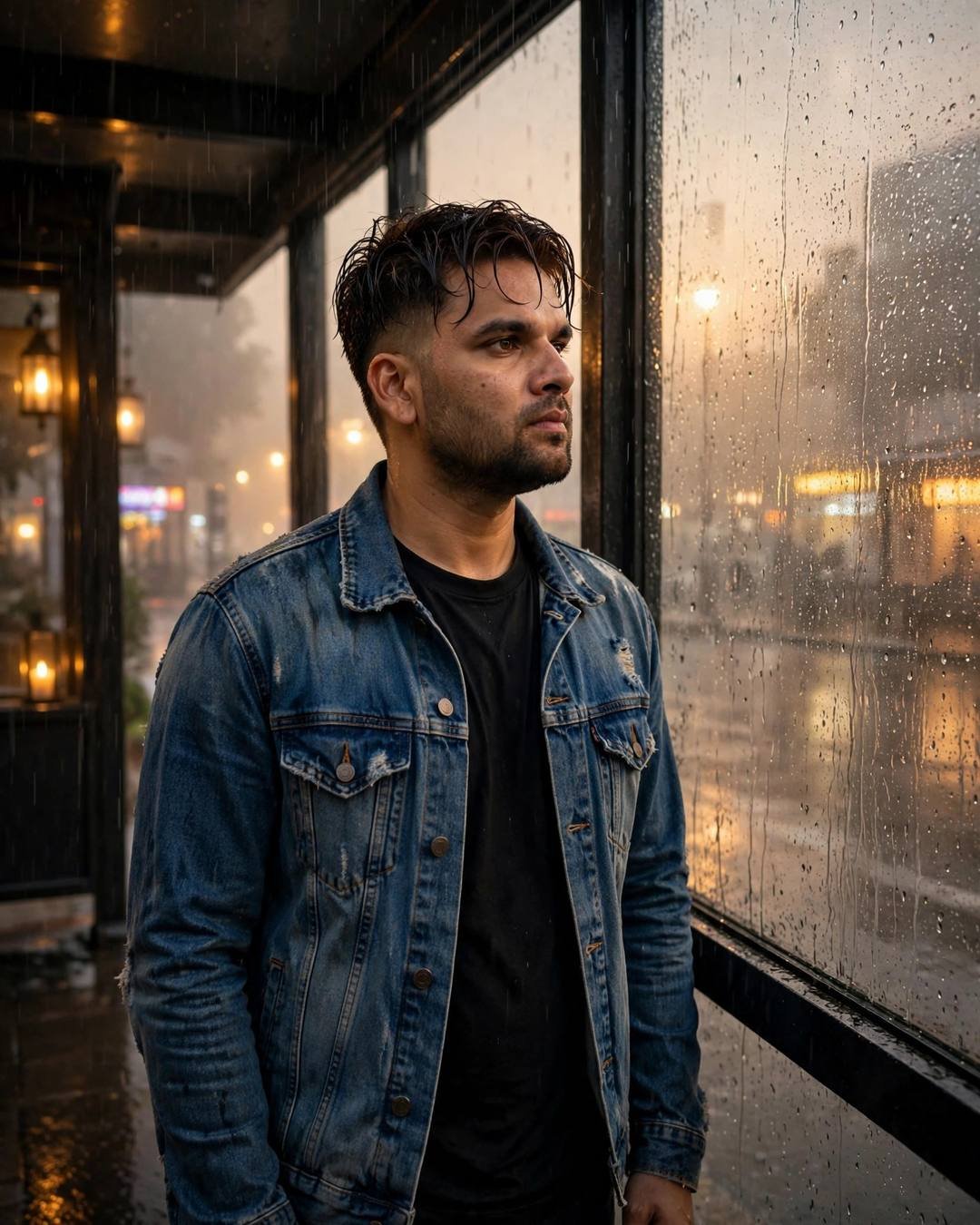 Man in denim jacket at a rain-streaked bus stop window with headphones, candlelight glowing in the shelter