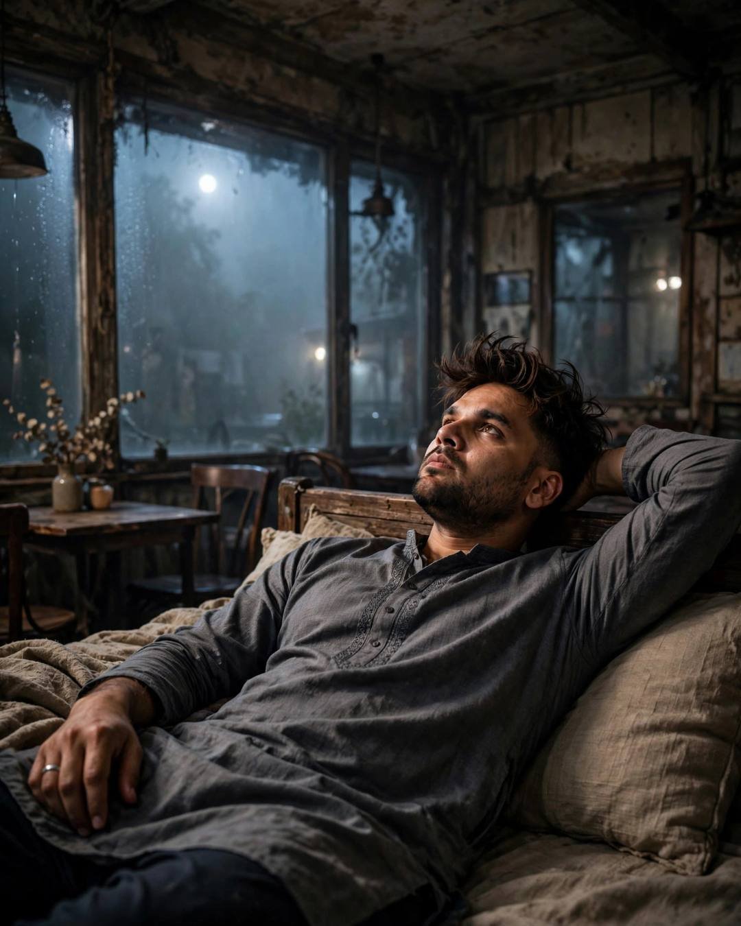 Man in grey kurta lying on a bed in an old cafe, staring at the ceiling, moonlight through fogged windows