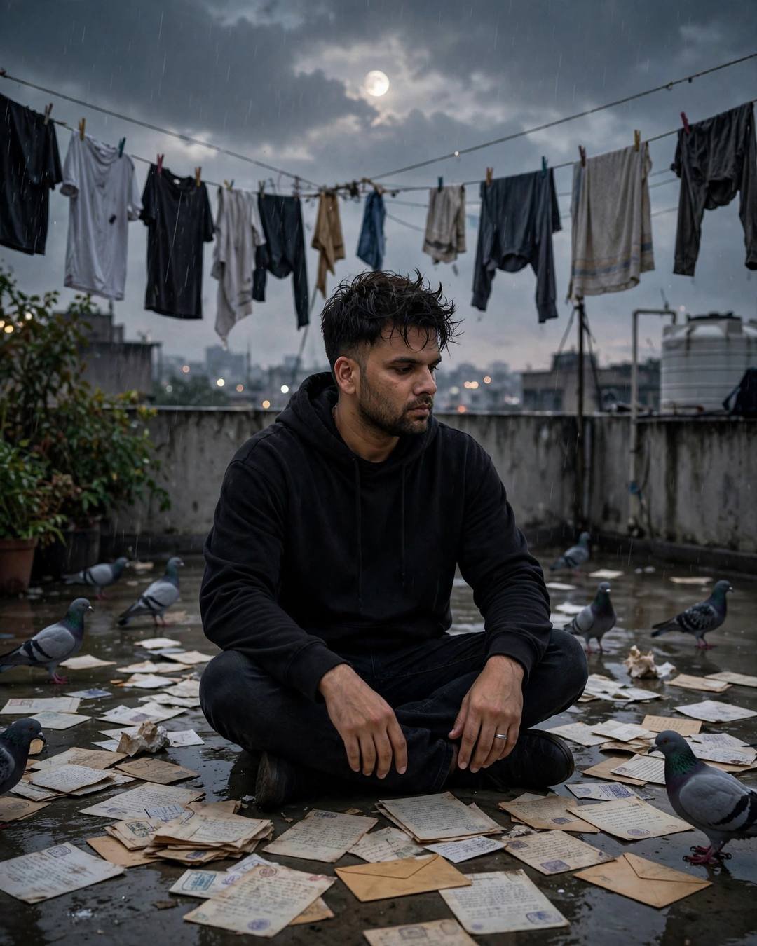 Man in black hoodie sitting cross-legged among old letters on a rainy terrace, pigeons, moon in clouds, city lights