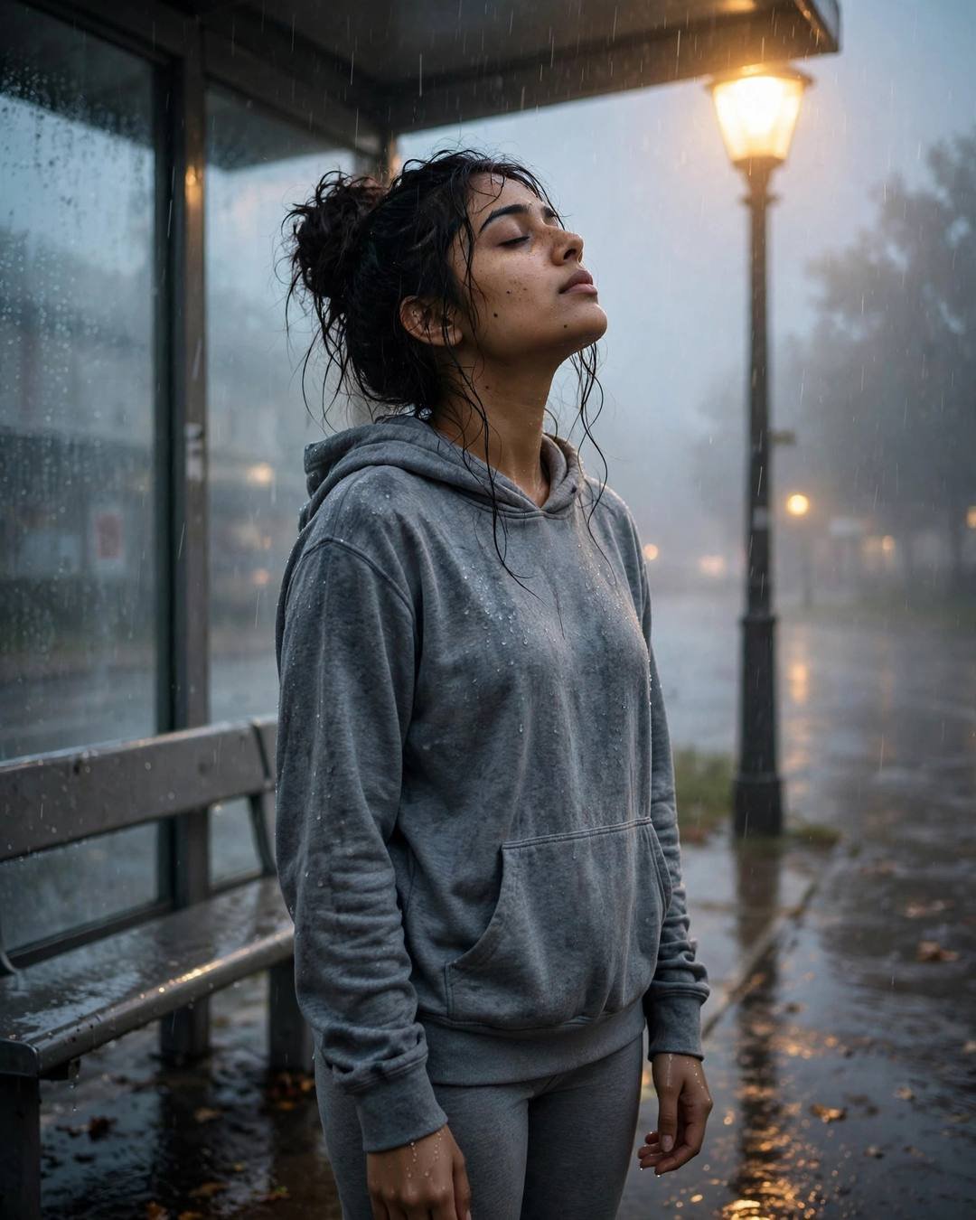 Young woman in grey hoodie at a rainy bus stop at midnight, face lifted to the rain, streetlamp glowing