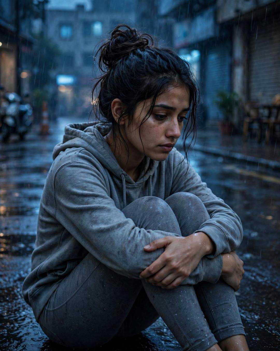 Young woman in grey hoodie sitting with knees drawn up on a rain-soaked city street at blue hour