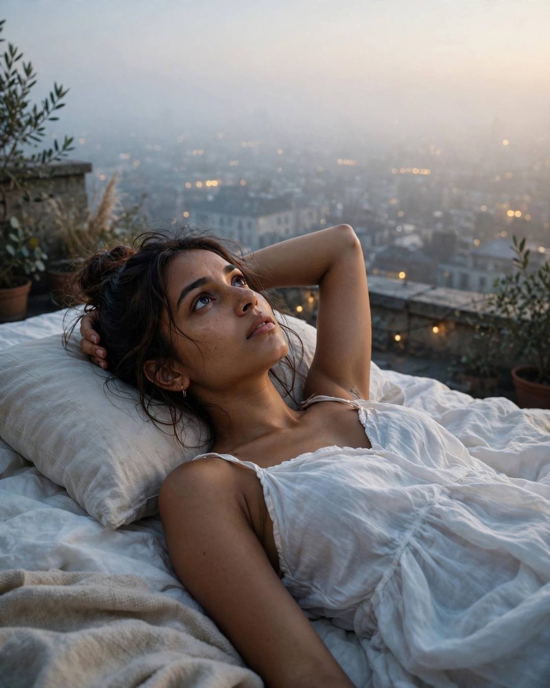 Young woman in white summer dress lying on a rooftop bed at dawn, sleeping city lights below, wistful gaze
