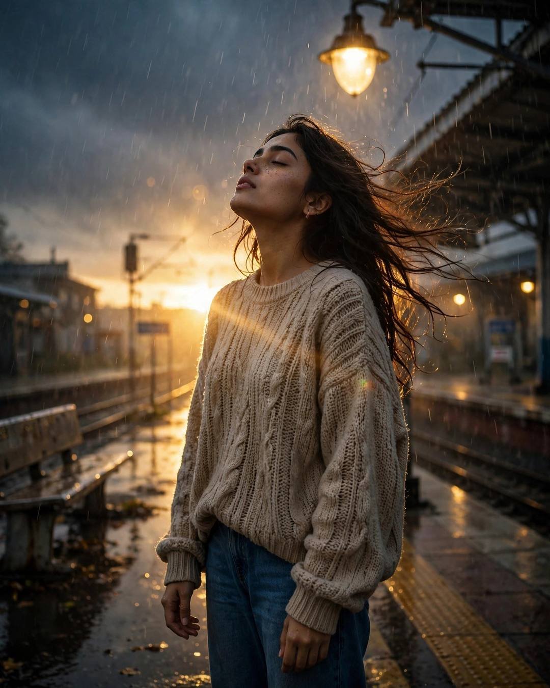 Young woman in oversized beige sweater at an empty rainy railway platform at night, face lifted, golden backlight flare