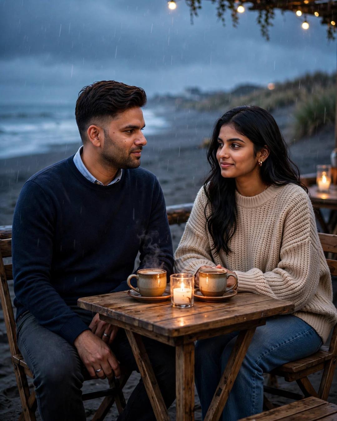 AI couple photo: man in navy sweater and woman in beige knit at a candlelit beach cafe table in the rain at dusk