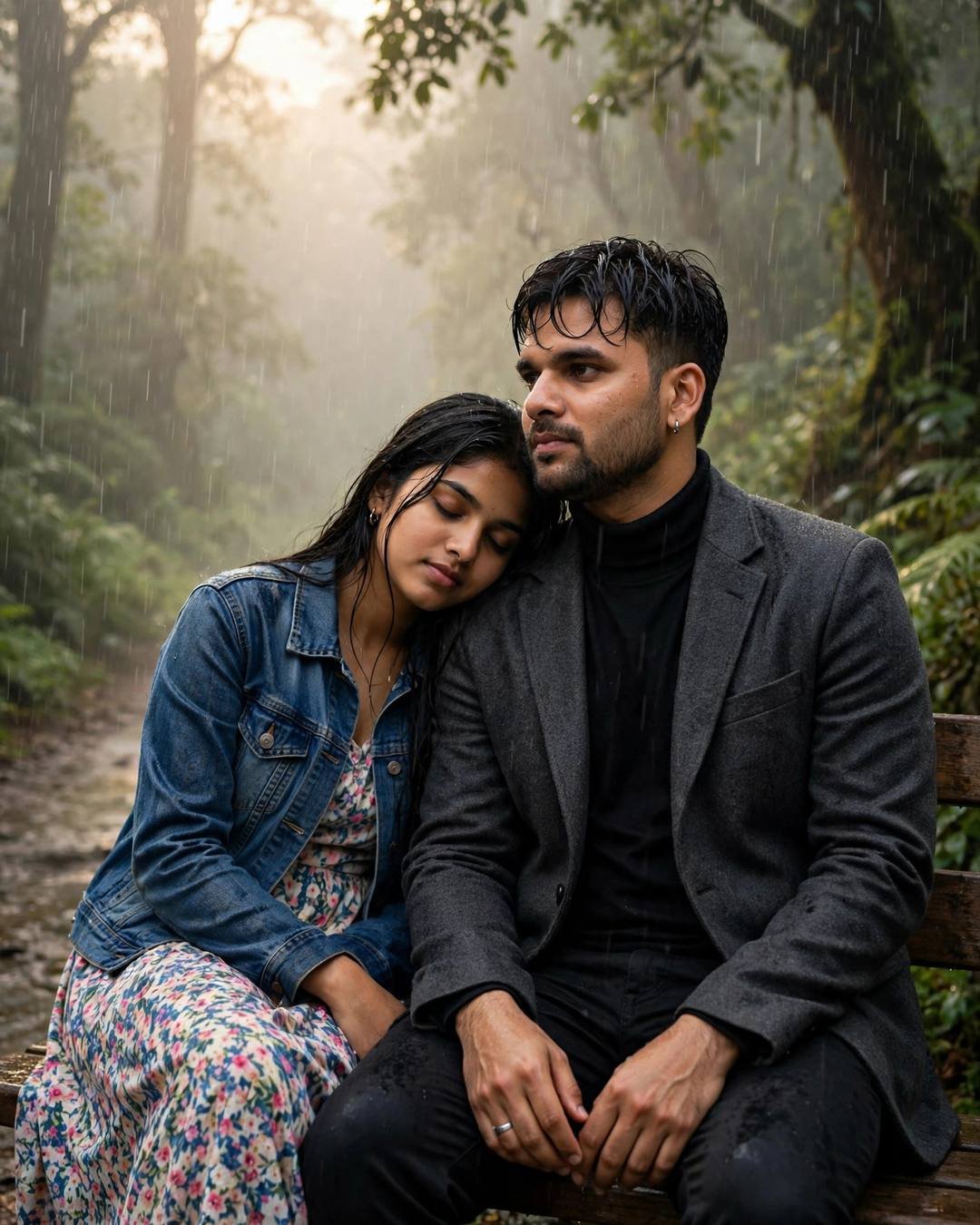 AI couple photo: man in charcoal blazer and woman in denim jacket on a misty forest bench in monsoon rain