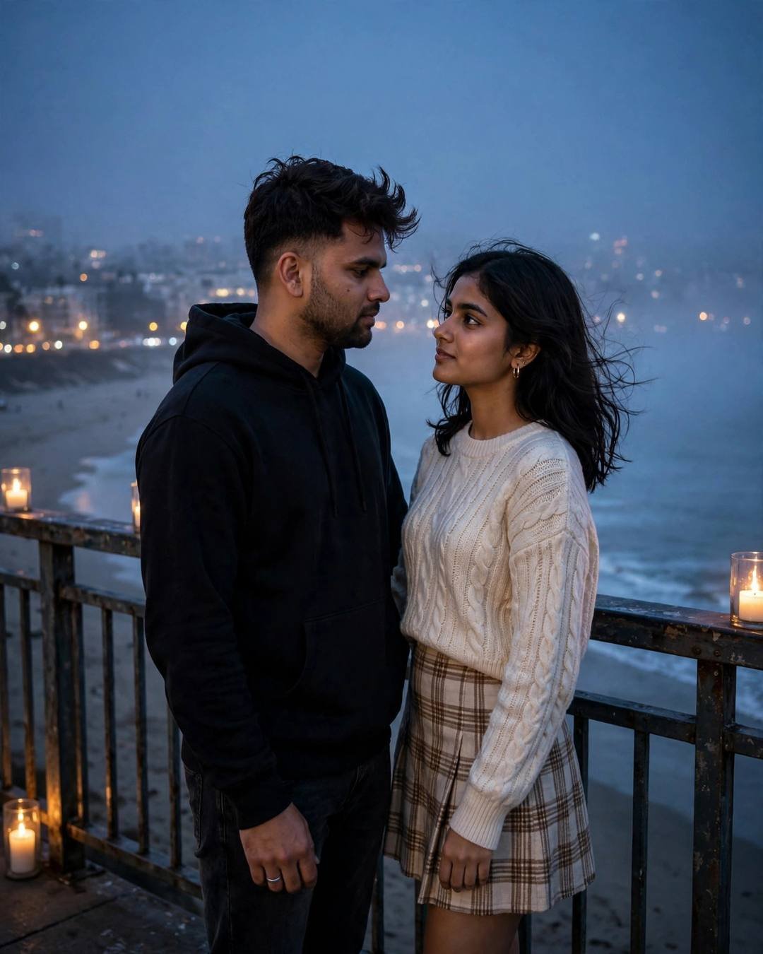 AI couple photo: man in black hoodie and woman in cream knit top standing face to face on a foggy bridge at blue hour