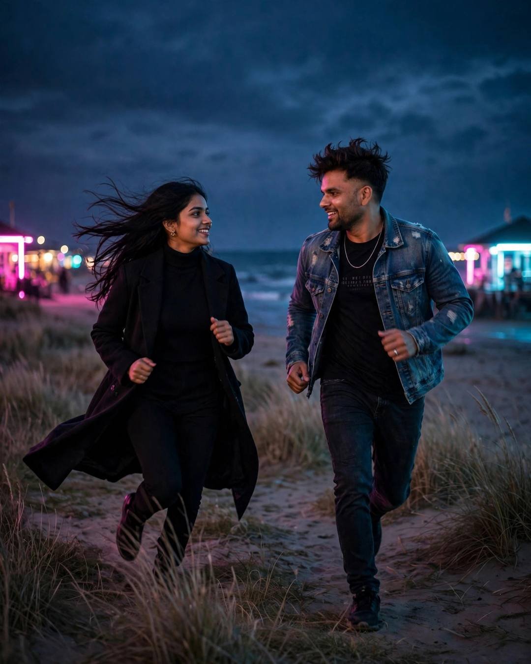 Young Indian couple running and laughing on a night beach, neon pink and cyan lights, woman in black coat, man in denim jacket