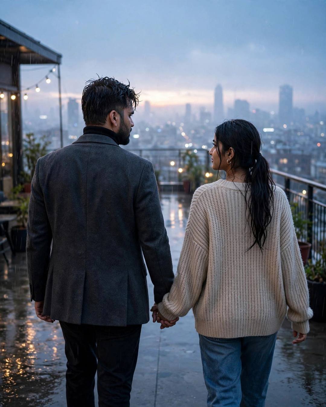 Young Indian couple walking away hand in hand across a rainy rooftop at blue hour toward a fogged city skyline