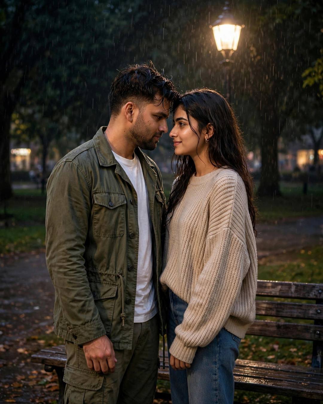 Young Indian couple standing face to face under a park lamp in night rain, foreheads almost touching