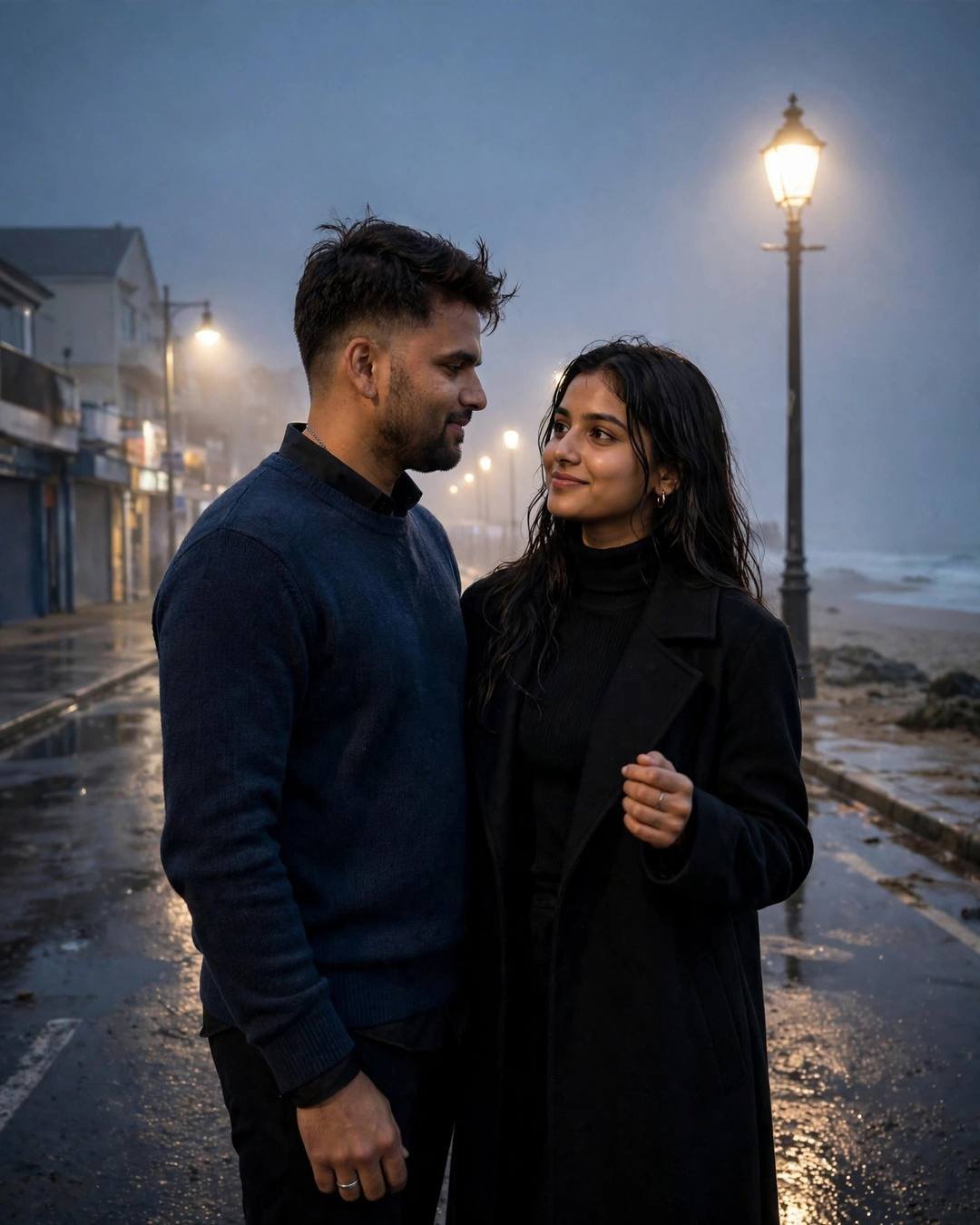 Young Indian couple slow-dancing on an empty lamp-lit street by the sea in fog, man in navy sweater, woman in black coat