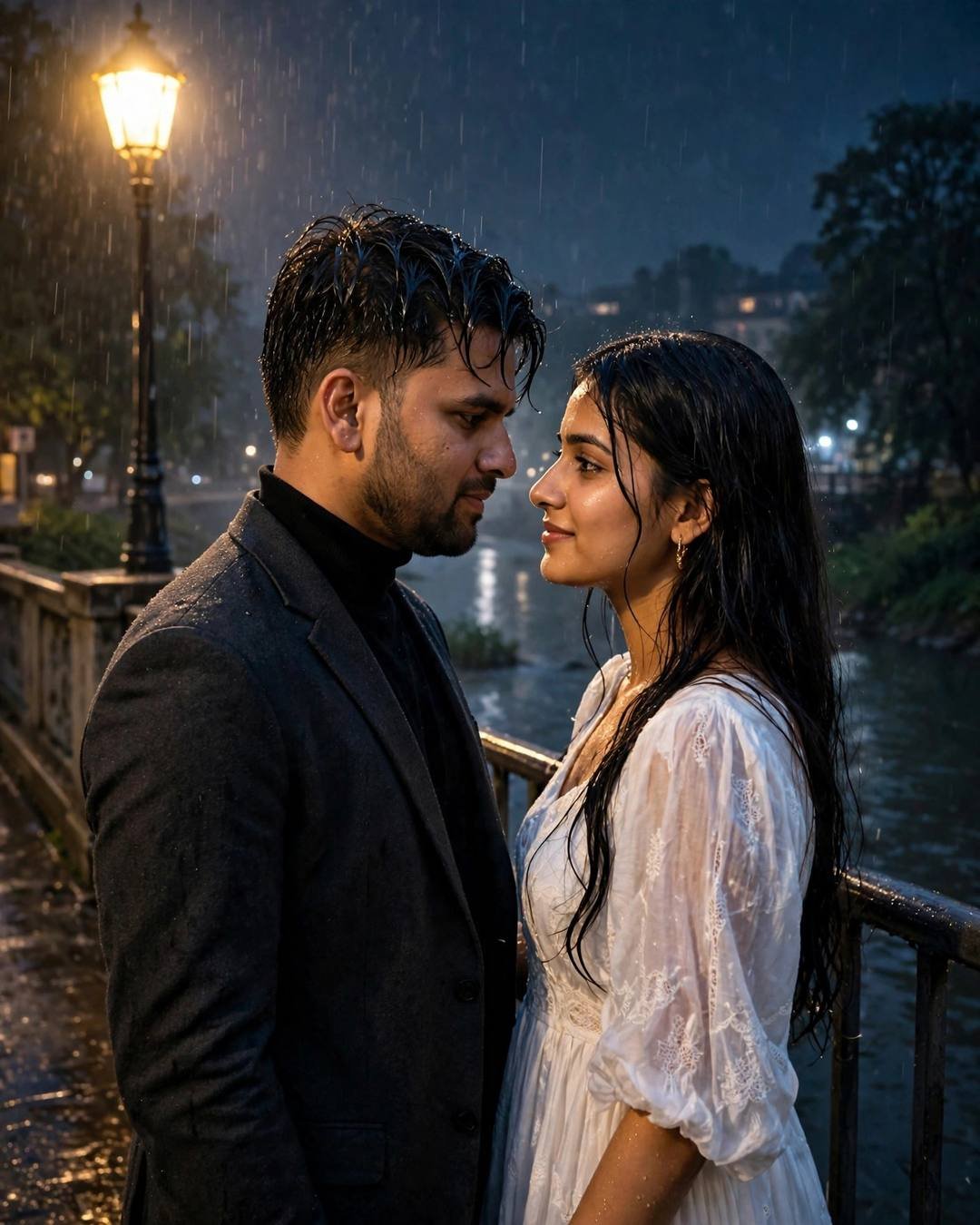 Young Indian couple standing face to face on a rainy bridge at midnight, foreheads almost touching, single streetlamp