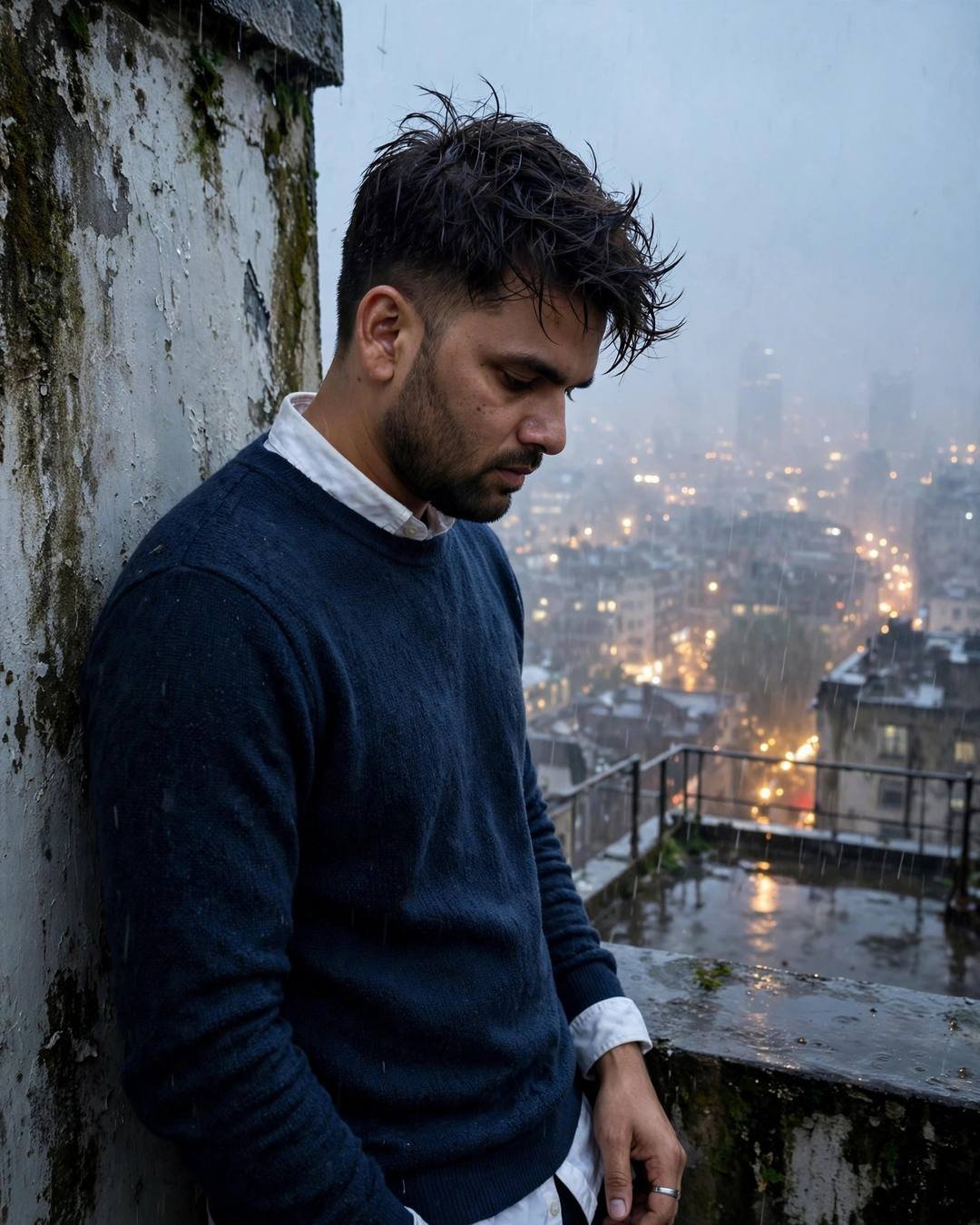 Young Indian man in navy sweater leaning against a weathered rooftop wall at blue hour, city lights glowing through fog