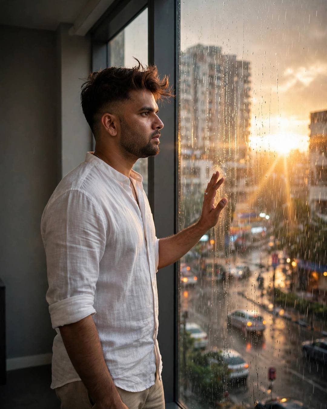 Young Indian man in white linen shirt with hand on a rain-streaked window at golden hour, city rain below