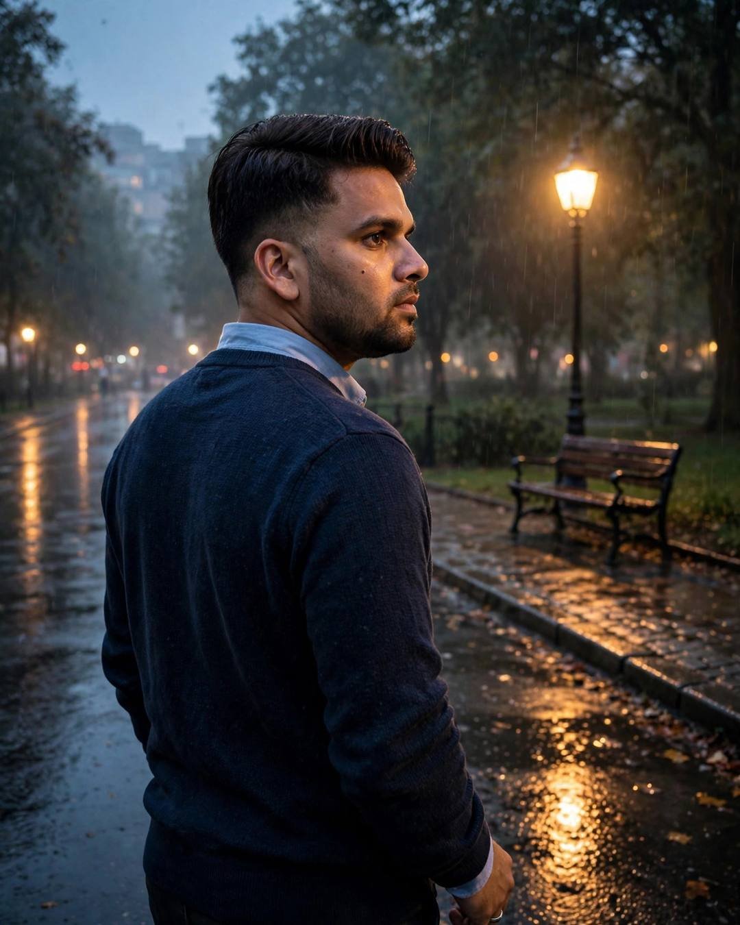 Young Indian man in navy sweater looking over his shoulder on a wet park path at dawn, lone lamp glowing