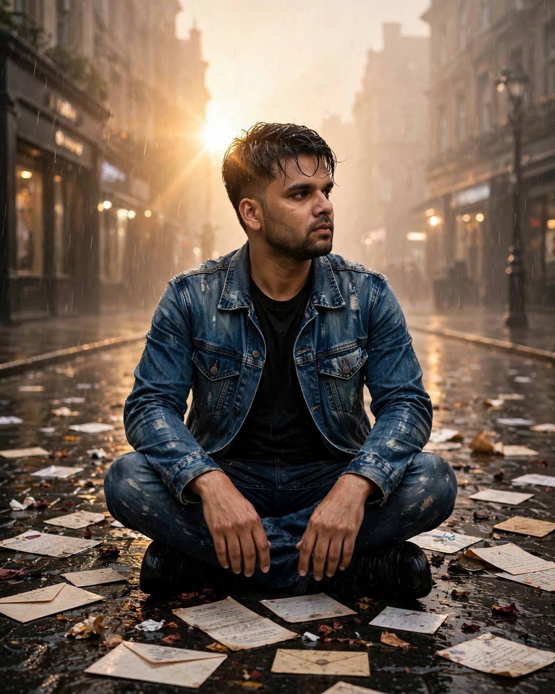 Young Indian man in denim jacket sitting cross-legged on a rain-soaked street covered in old letters, golden sunset behind