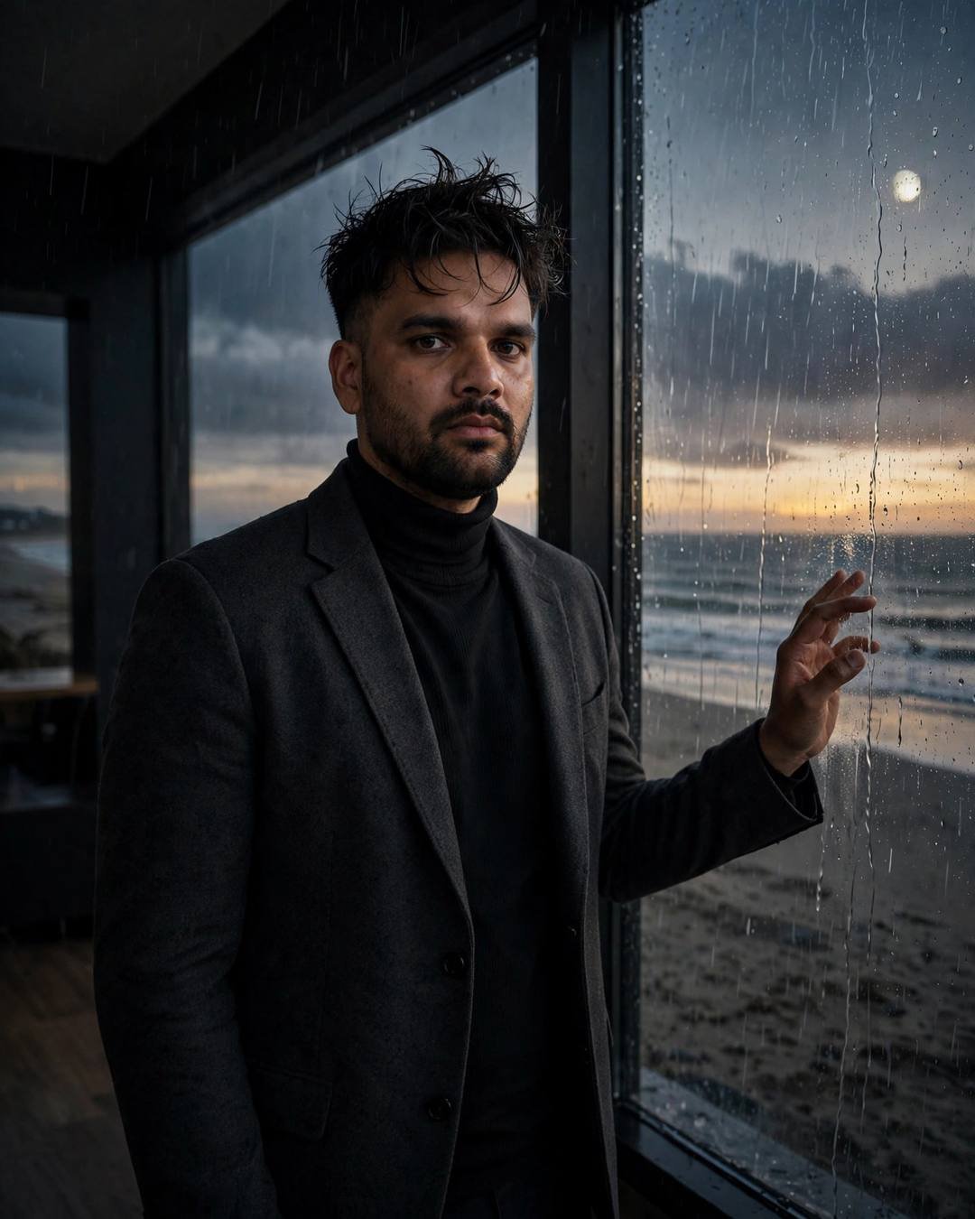 Young Indian man in charcoal blazer and black turtleneck at a rain-streaked window overlooking a moonlit beach