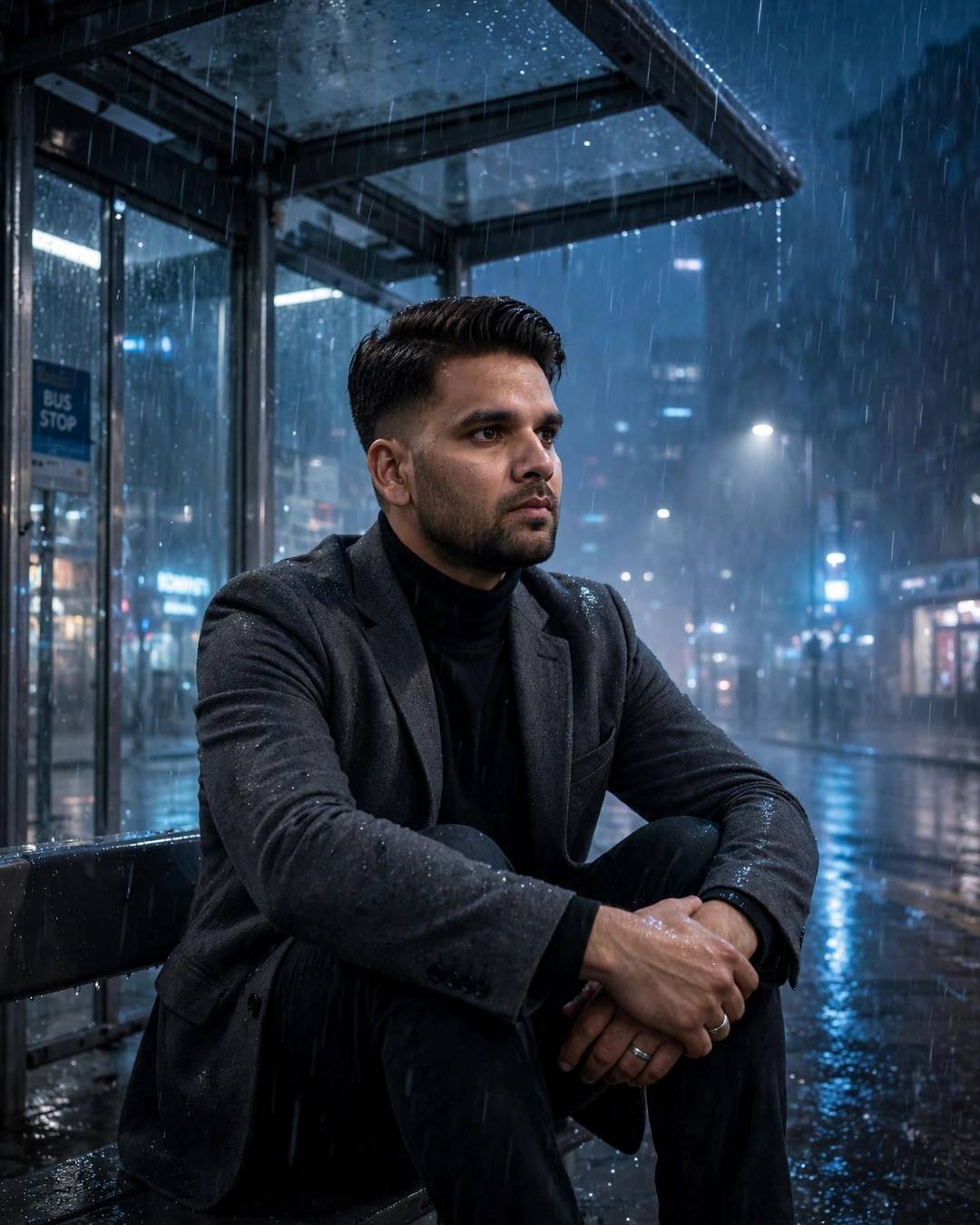 Young Indian man in charcoal blazer and black turtleneck sitting at a rainy bus stop at midnight