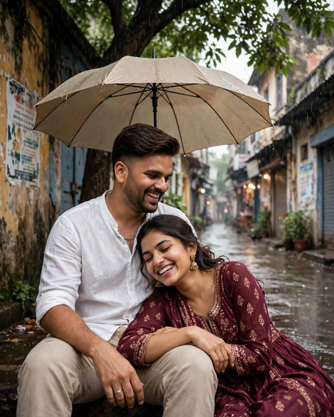 Young Indian couple laughing under an umbrella in a rainy old-city lane, man in white linen shirt, woman in maroon anarkali with jhumkas