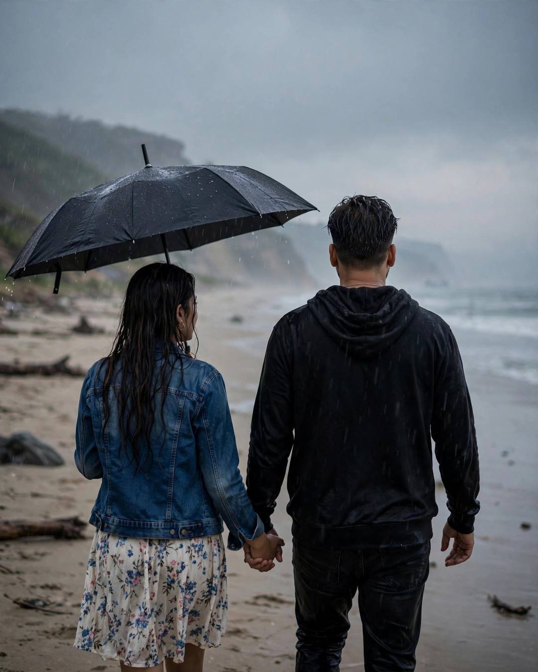 Young Indian couple walking away hand in hand under a black umbrella on a deserted rainy beach at dusk