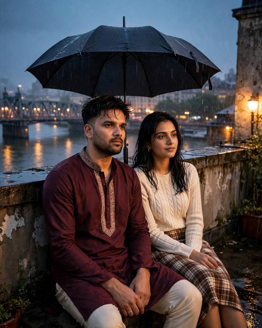 Young Indian couple sitting under a black umbrella on a rooftop above a river at night, serene, warm streetlamp light
