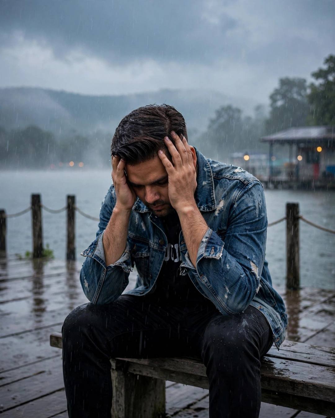 Young Indian man in a distressed denim jacket sitting on a lake pier bench with head in hands in heavy rain
