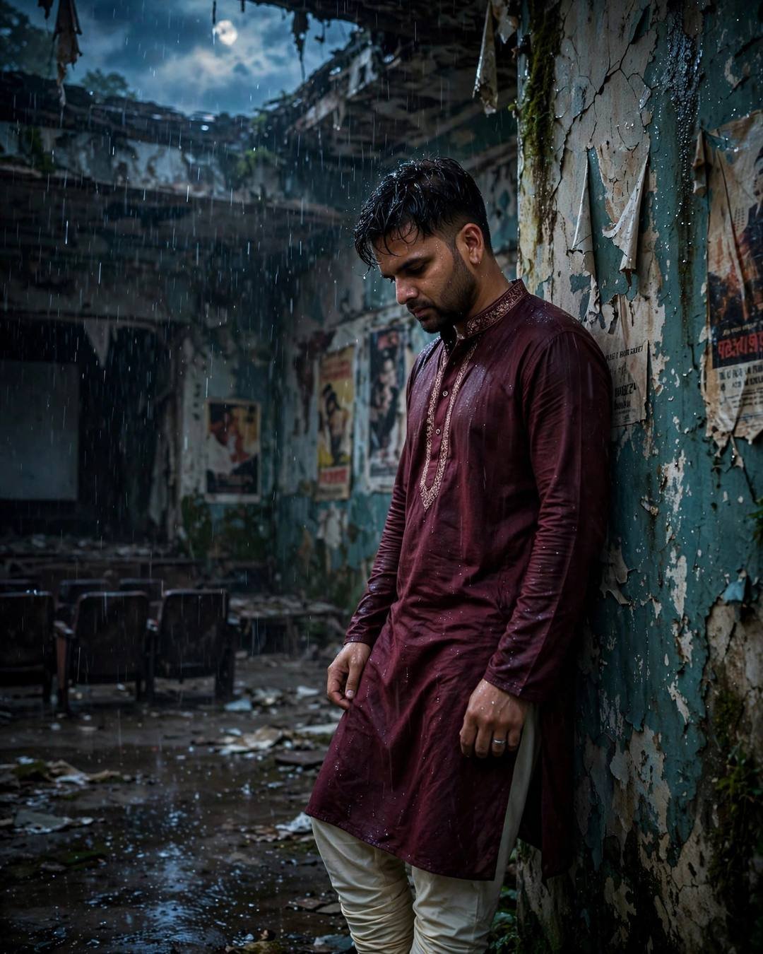 Young Indian man in a maroon kurta leaning against a weathered wall in an abandoned cinema hall, head down, dawn moonlight and rain