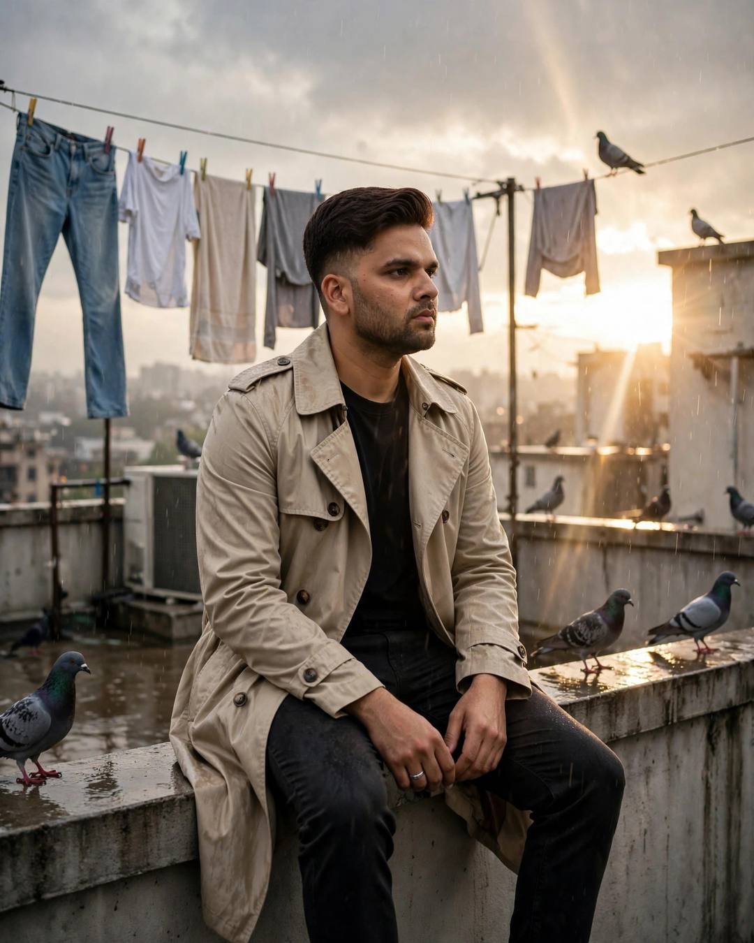 Young Indian man in a beige trench coat sitting on a rooftop ledge with pigeons and clothes lines at sunset in light rain