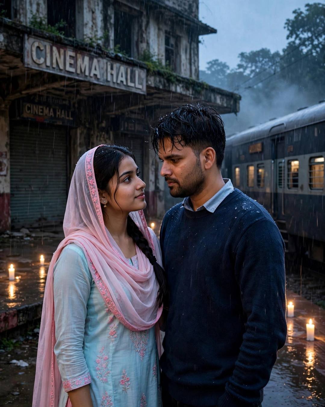 Couple embracing in drizzle at an abandoned cinema, marigold garlands, navy sweater and pastel salwar-kameez, candlelight