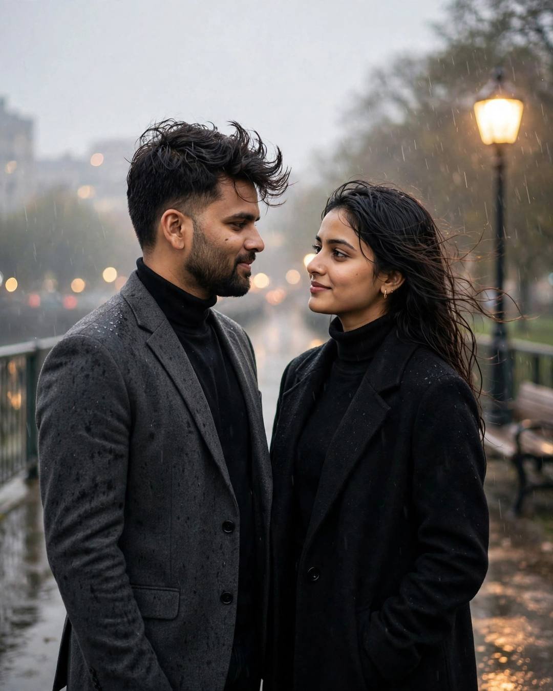 Couple hugging on a bridge under a lone streetlamp in drizzle, charcoal blazer and black coats, dawn light