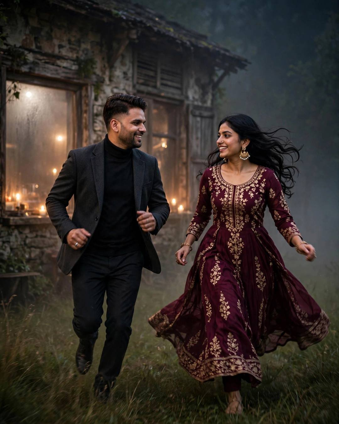 Couple running into each other's arms across a field at night, old cafe glowing behind, charcoal blazer and maroon anarkali