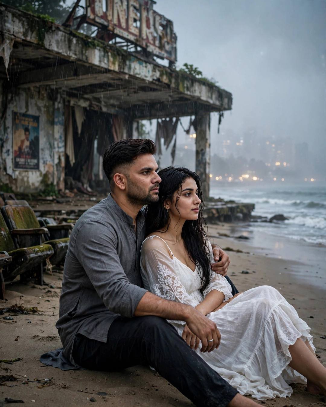 Couple sitting on sand watching waves, abandoned cinema behind, grey kurta and white dress, his arm around her