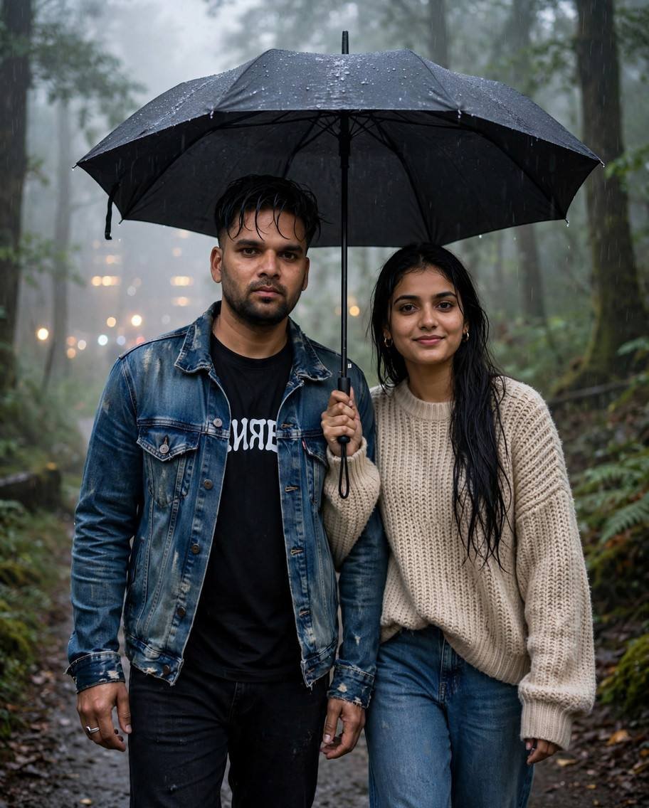 Couple walking under one black umbrella on a misty forest path in the rain, man in distressed denim jacket, woman in beige sweater