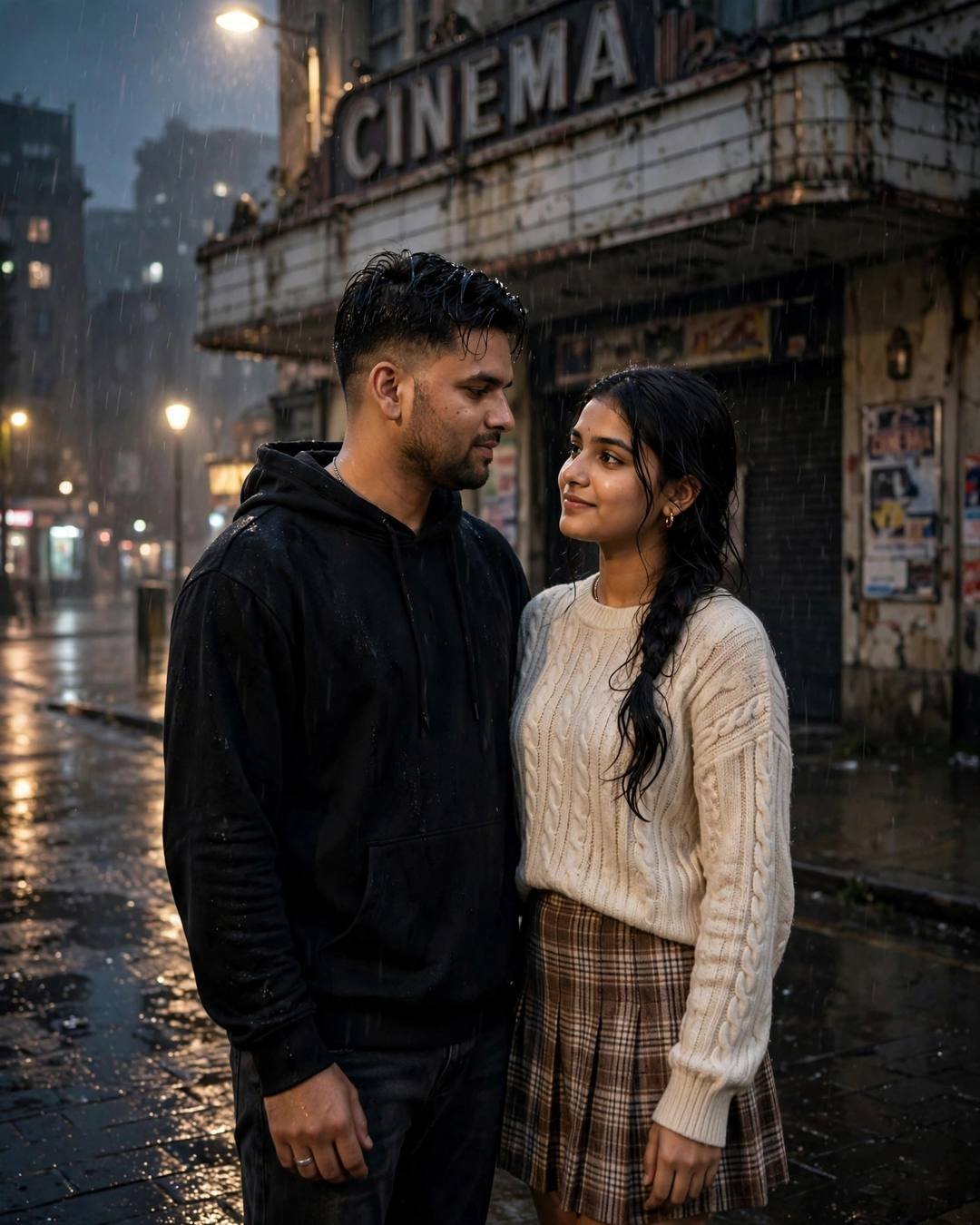 Couple standing close in the rain outside an abandoned cinema at midnight, man in black hoodie, woman in cream knit top and plaid skirt