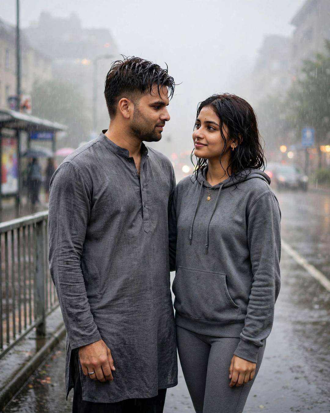 Couple leaning in close on a rainy foggy bridge, man in grey kurta, woman in grey hoodie, city blurred behind